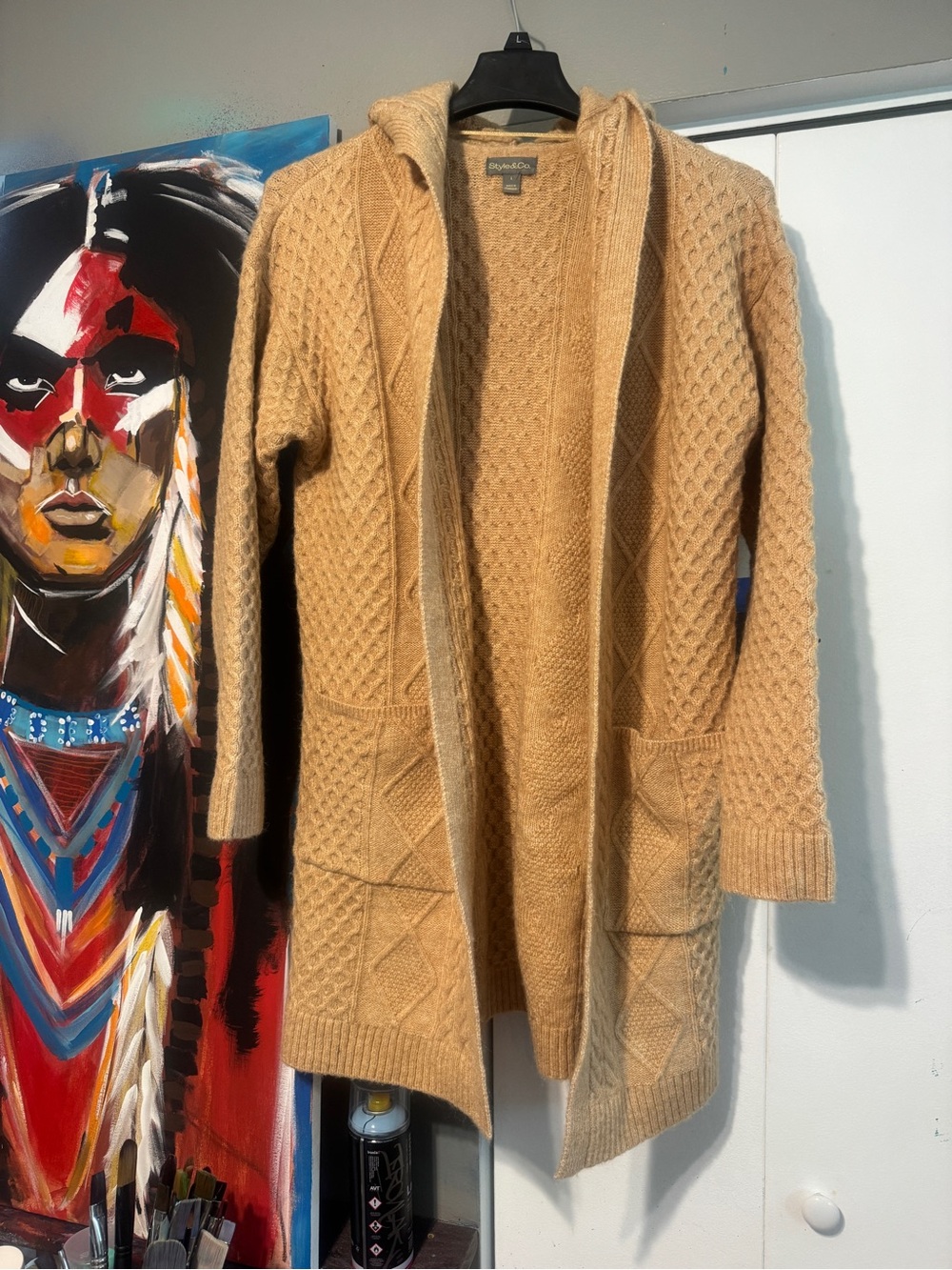 NWT Style & Co Hooded Cable Knit Open Front Long Cardigan Sweater Camel Size L